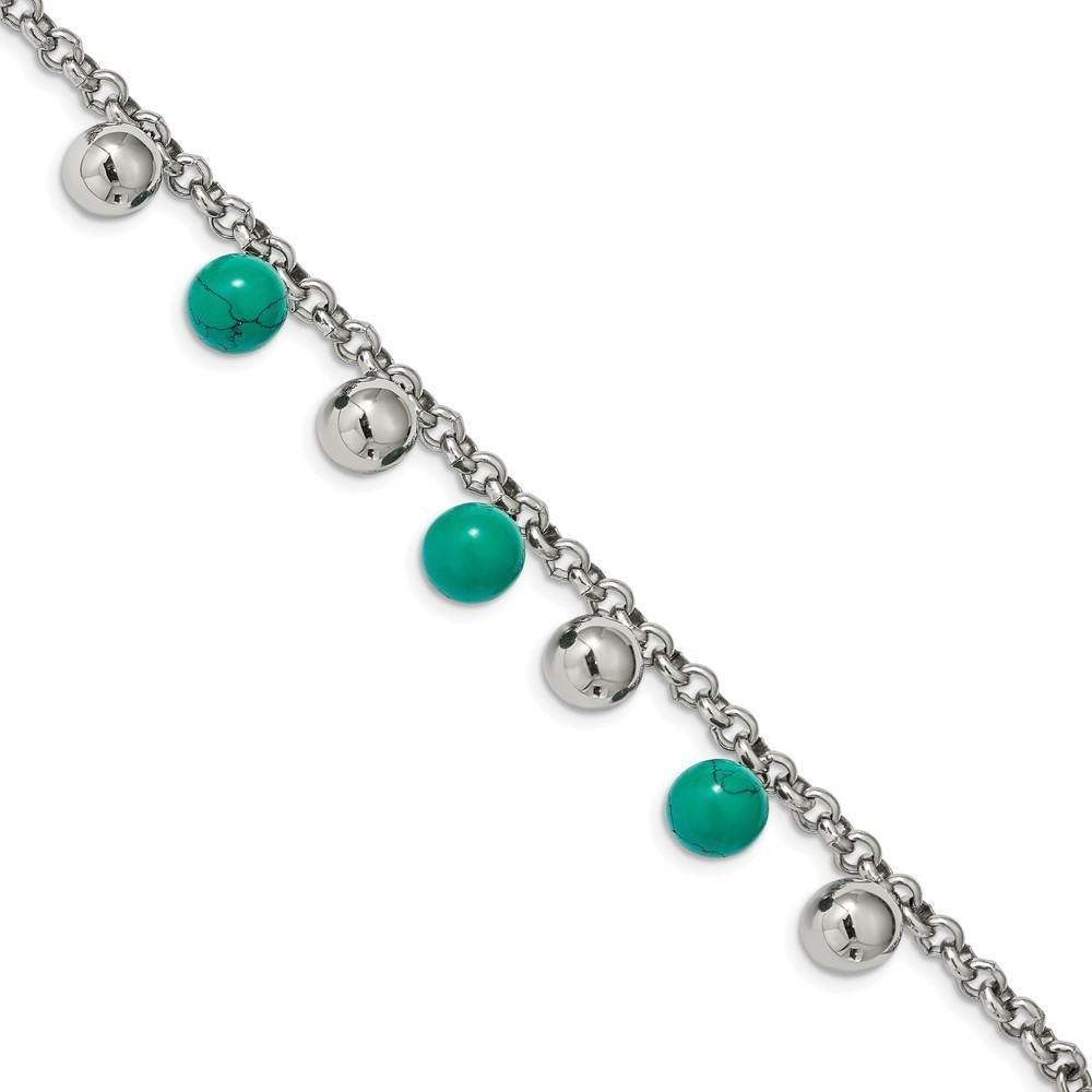 Stainless Steel Polished w Imit.Turquoise Beads 7in Bracelet